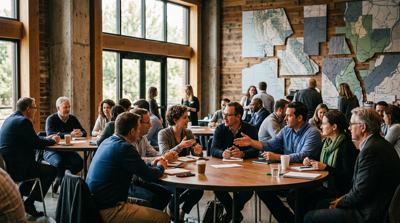 Group of people discussing ideas around a table beneath wall-mounted maps
